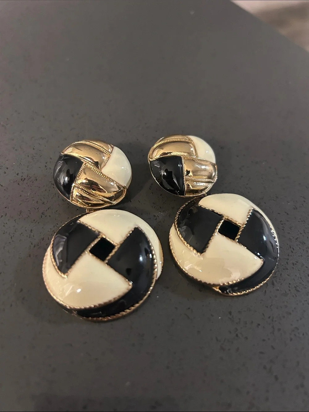 Woman’s Earings Black and Cream Round- Gold Trim